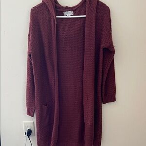 Pink Rose Open-Front Hooded Cardigan in Deep Burgundy